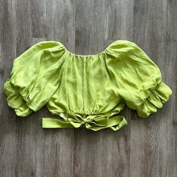 DO+BE Puff Sleeve Tie Back Crop Top Small Notched V Neck Green Romantic Blouse - Picture 6 of 6